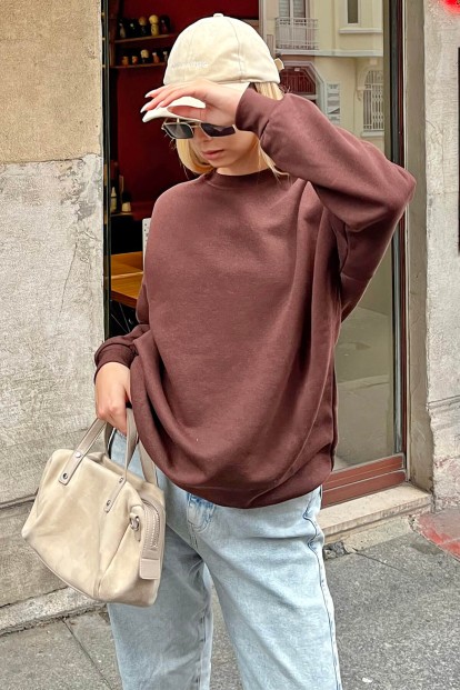 Kahverengi İçi Pamuklu Kadın Basic Sweatshirt - 5