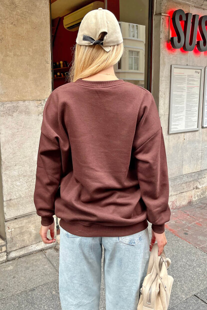 Kahverengi İçi Pamuklu Kadın Basic Sweatshirt - 4