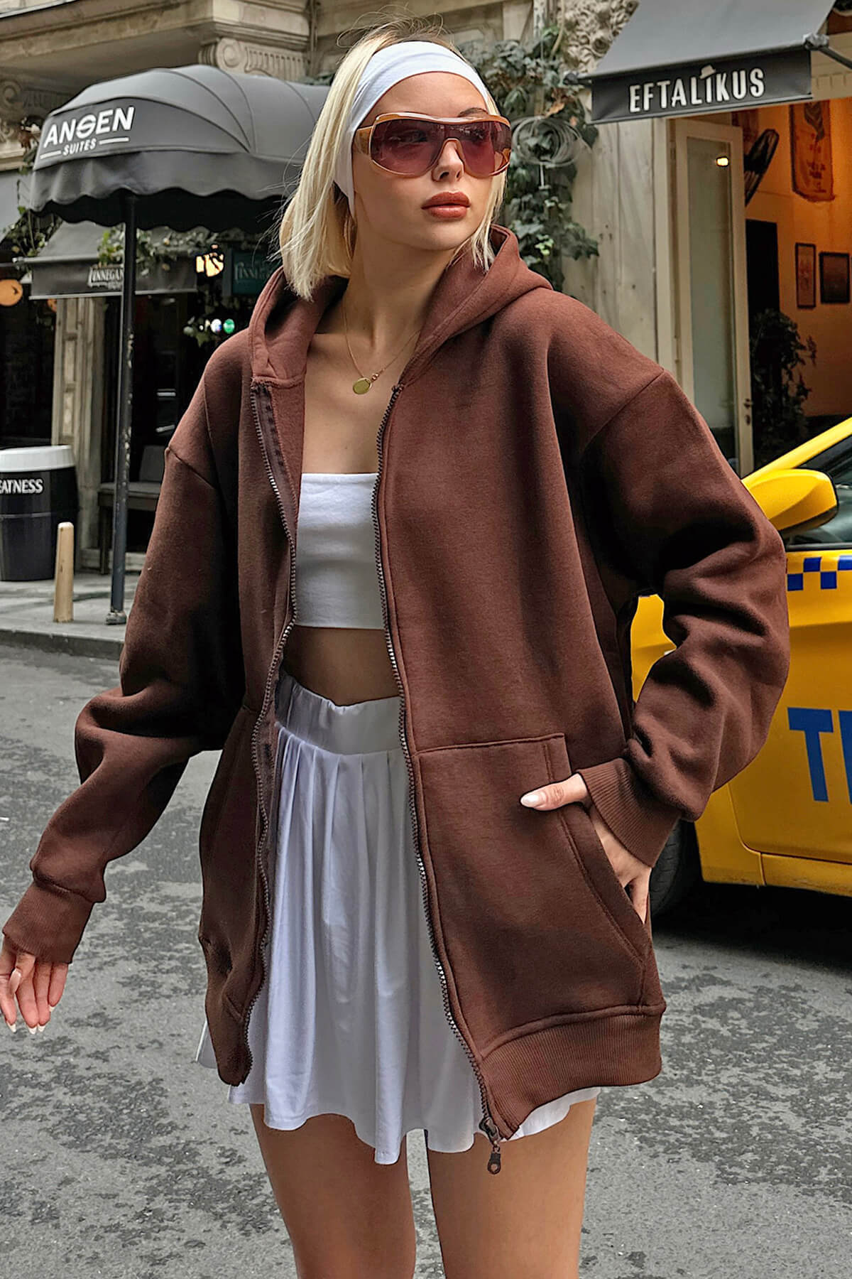 Kahverengi Lena Fermuarlı Kapüşonlu Cepli İçi Polarlı Oversize Kadın Sweatshirt - 1