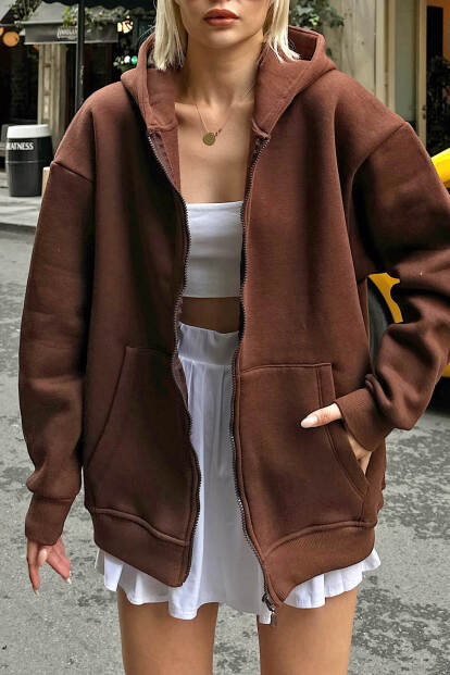 Kahverengi Lena Fermuarlı Kapüşonlu Cepli İçi Polarlı Oversize Kadın Sweatshirt - 4