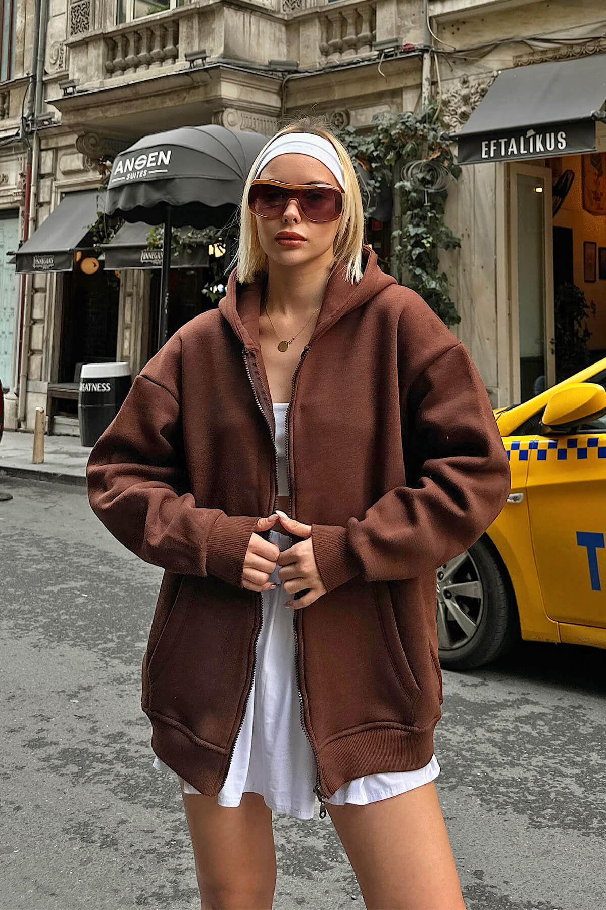 Kahverengi Lena Fermuarlı Kapüşonlu Cepli İçi Polarlı Oversize Kadın Sweatshirt - 2