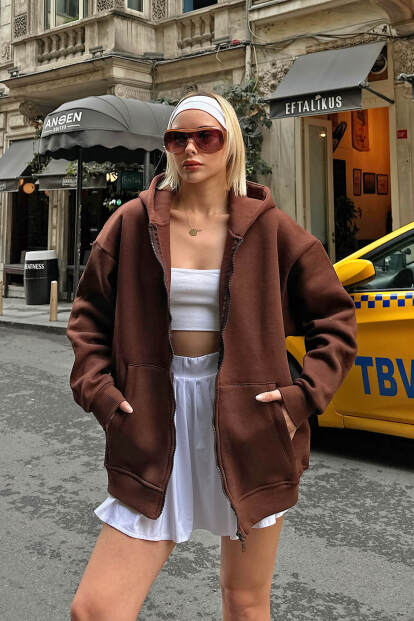 Kahverengi Lena Fermuarlı Kapüşonlu Cepli İçi Polarlı Oversize Kadın Sweatshirt - 3