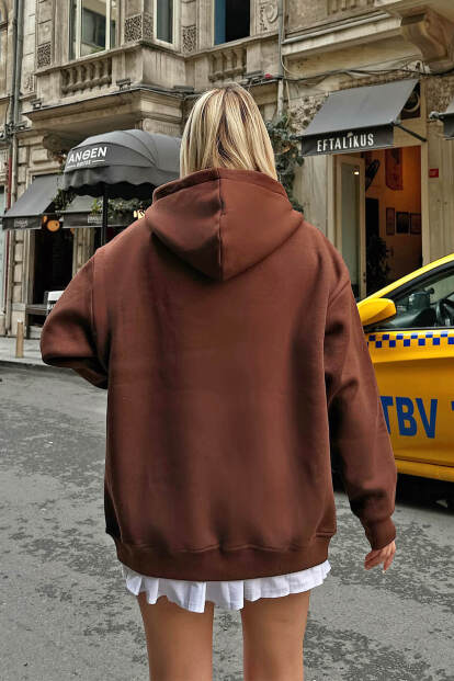 Kahverengi Lena Fermuarlı Kapüşonlu Cepli İçi Polarlı Oversize Kadın Sweatshirt - 5