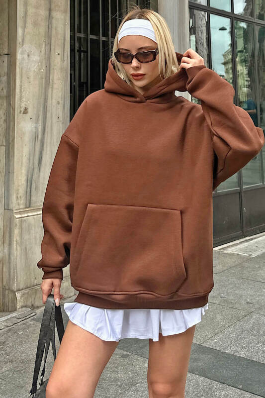 Kahverengi Stay Kapüşonlu Kanguru Cepli İçi Polarlı Oversize Kadın Sweatshirt - SWİST