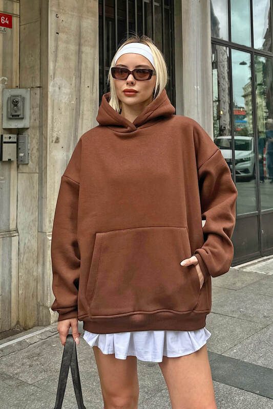 Kahverengi Stay Kapüşonlu Kanguru Cepli İçi Polarlı Oversize Kadın Sweatshirt - SWİST (2)