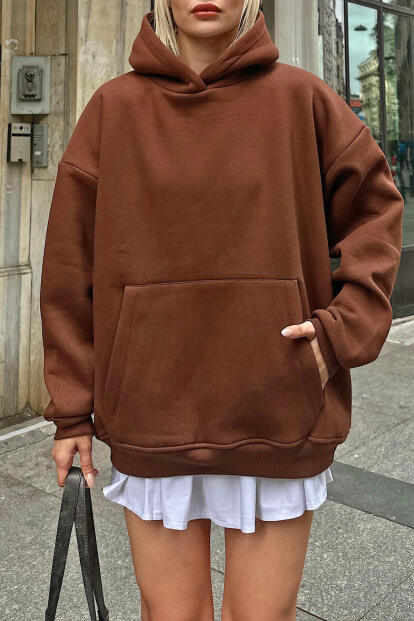 Kahverengi Stay Kapüşonlu Kanguru Cepli İçi Polarlı Oversize Kadın Sweatshirt - 4