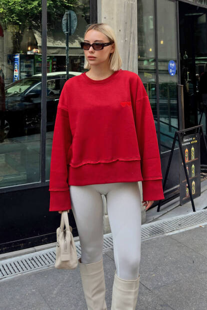 Kırmızı 3 Kalp Baskılı Piş Dikiş Kadın Crop Sweatshirt - 2