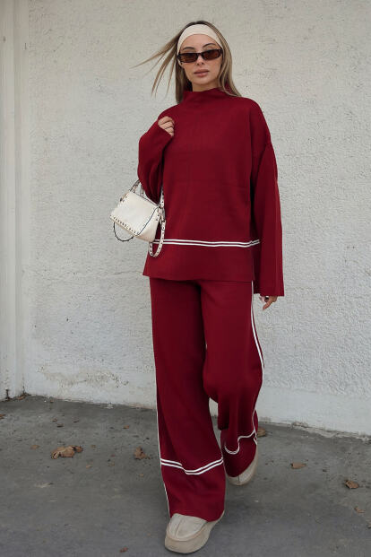 Kırmızı Step Şerit Detaylı Dik Yaka Arkası Uzun Kazak-Pantolon Kadın Triko Alt Üst Takım 