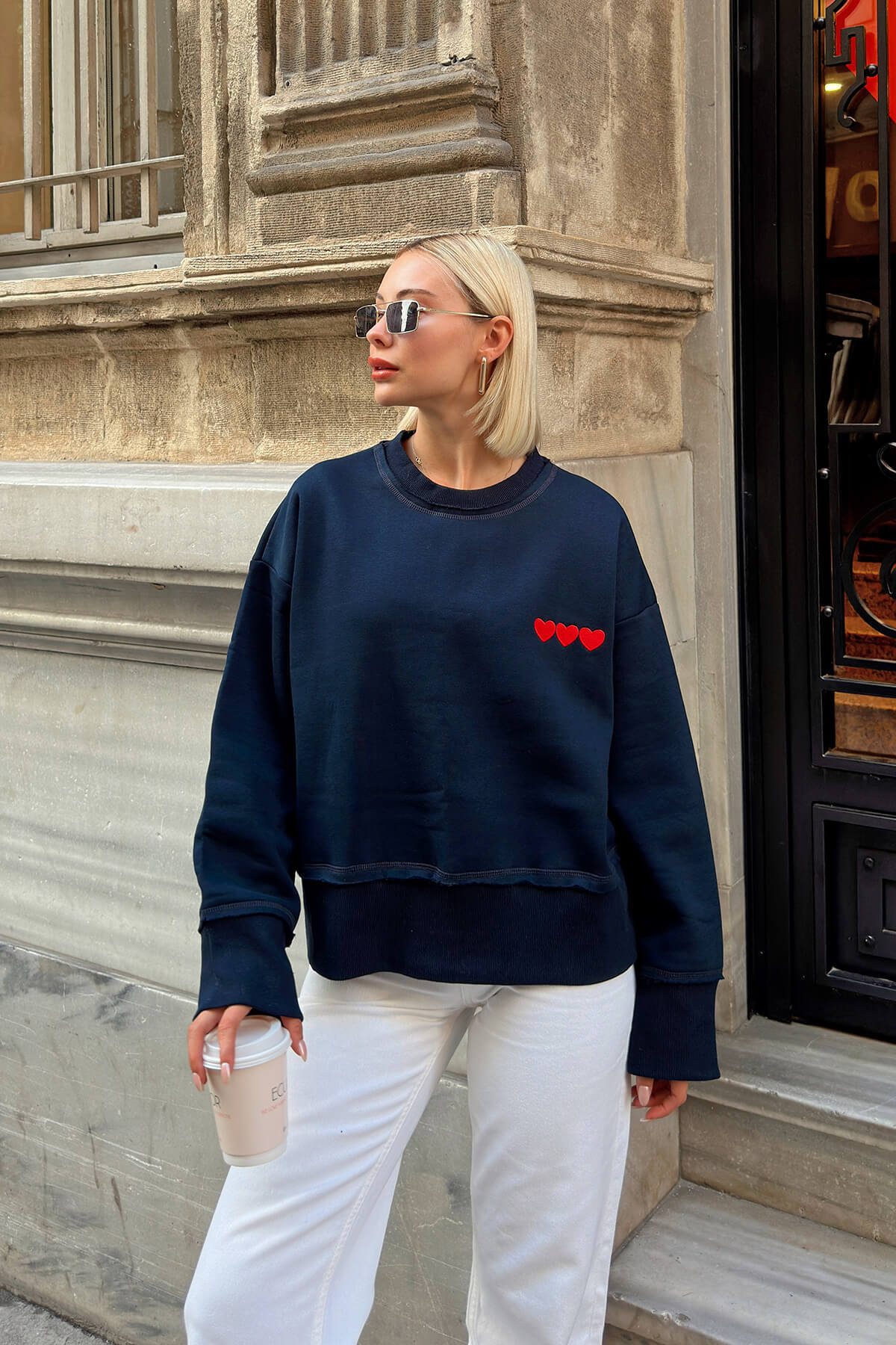 Lacivert 3 Kalp Baskılı Piş Dikiş Kadın Crop Sweatshirt - 3