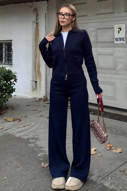 Lacivert Cara Polo Yaka Çift Yönlü Fermuarlı Crop-Pantolon Kadın Triko Alt Üst Takım 