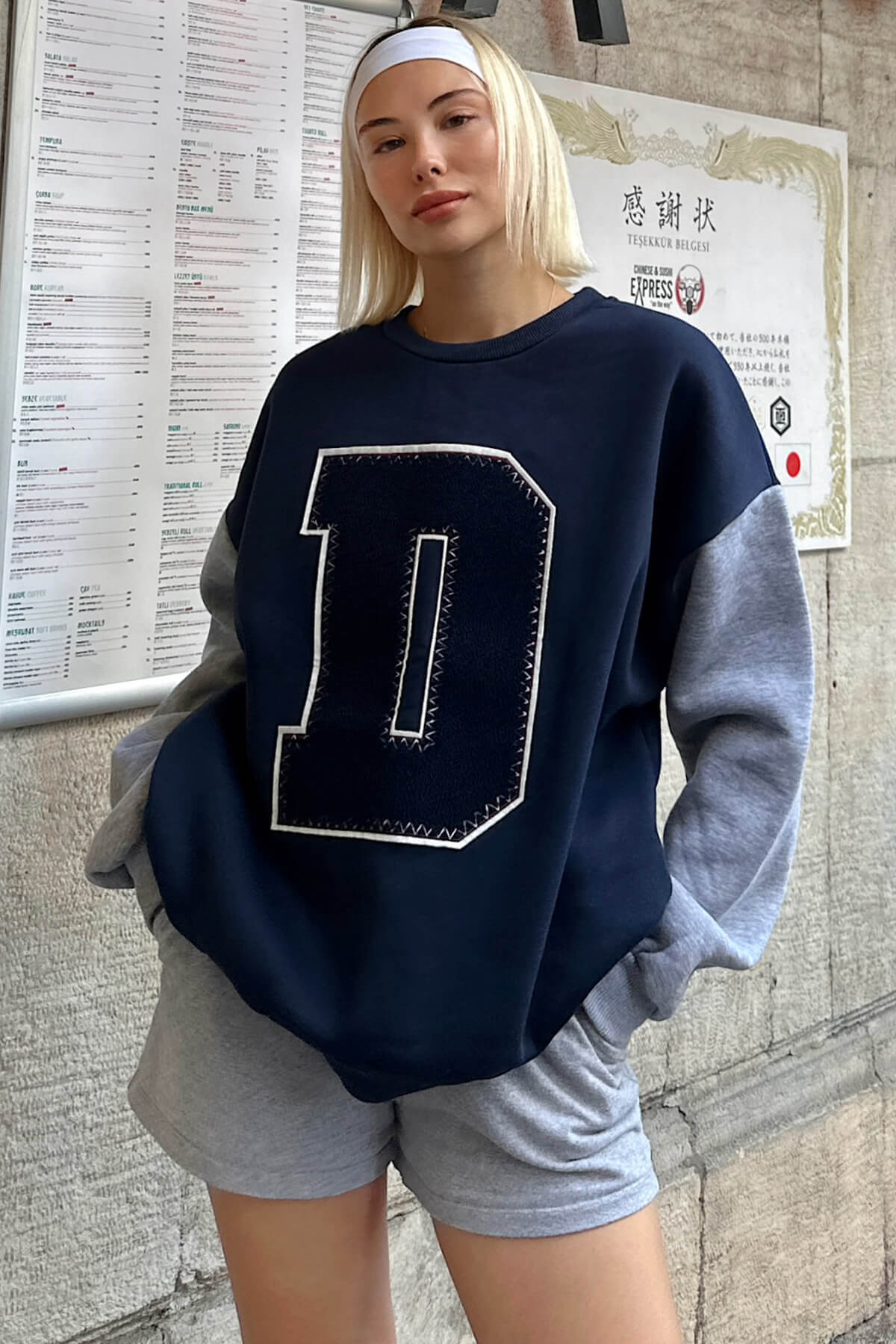 Lacivert Gri D Nakışlı Garnili İçi Pamuklu Kadın Sweatshirt - 1