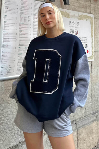 Lacivert Gri D Nakışlı Garnili İçi Pamuklu Kadın Sweatshirt 