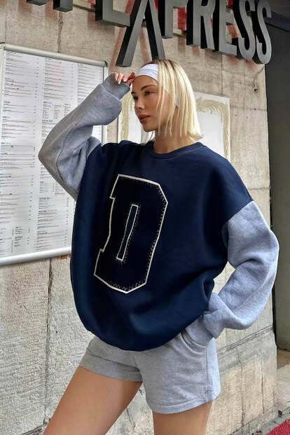 Lacivert Gri D Nakışlı Garnili İçi Pamuklu Kadın Sweatshirt - 2