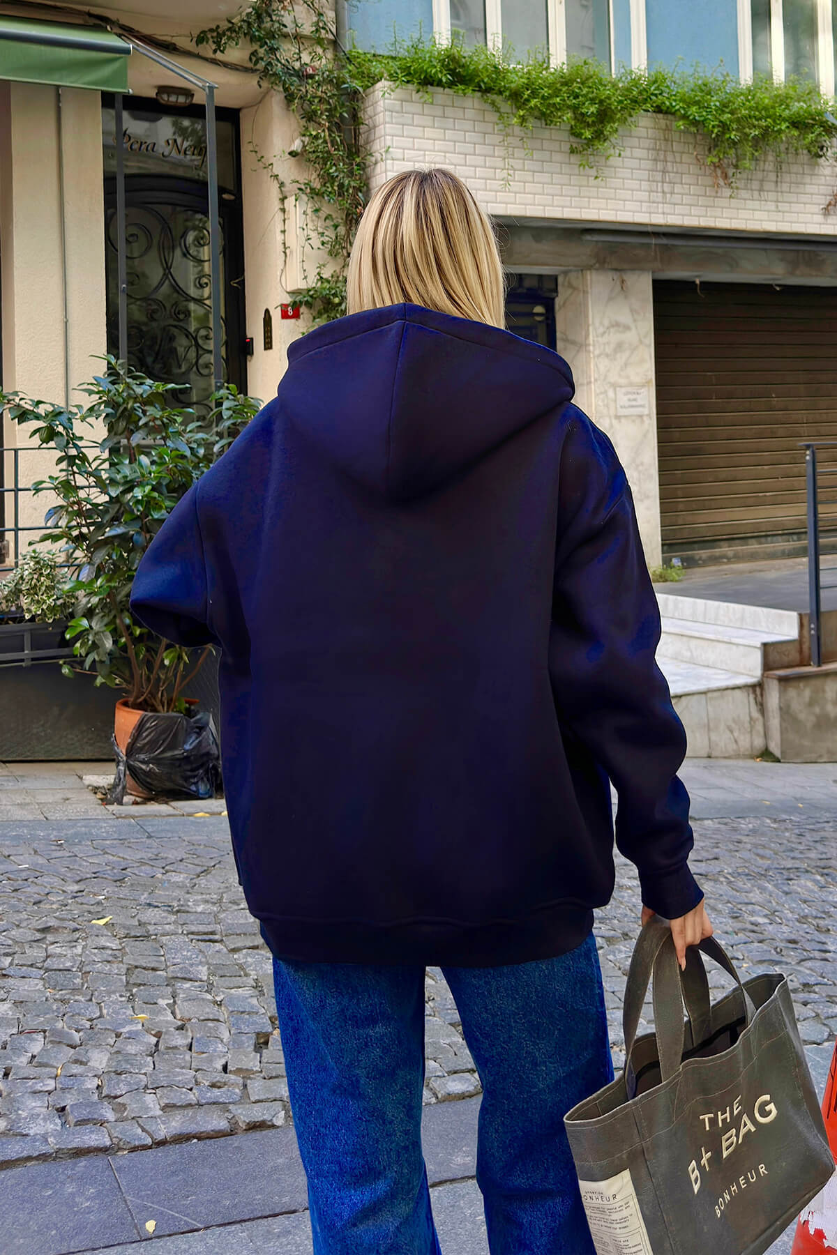 Lacivert Lena Fermuarlı Kapüşonlu Cepli İçi Polarlı Oversize Kadın Sweatshirt - 5