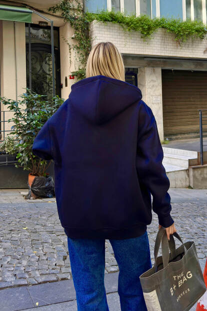 Lacivert Lena Fermuarlı Kapüşonlu Cepli İçi Polarlı Oversize Kadın Sweatshirt - 5