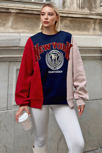 Lacivert Newyork Nakışlı Garnili İçi Pamuklu Kadın Sweatshirt - 1