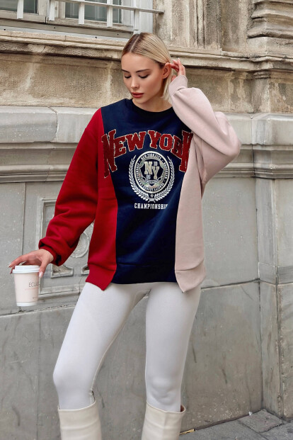 Lacivert Newyork Nakışlı Garnili İçi Pamuklu Kadın Sweatshirt - 3