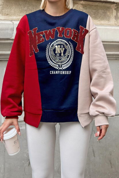 Lacivert Newyork Nakışlı Garnili İçi Pamuklu Kadın Sweatshirt - 4