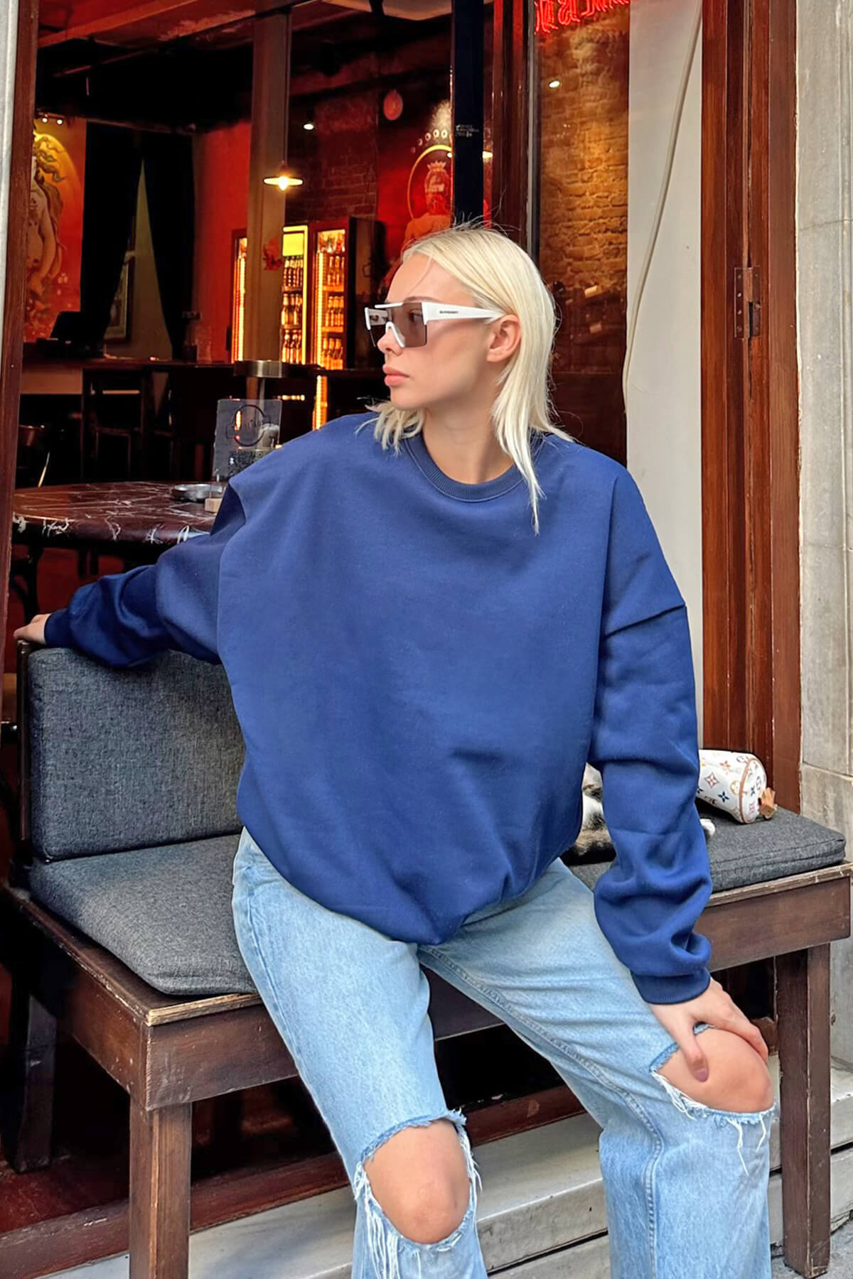 Lacivert Oversize Basic Bisiklet Yaka İçi Polarlı Kadın Sweatshirt - 2