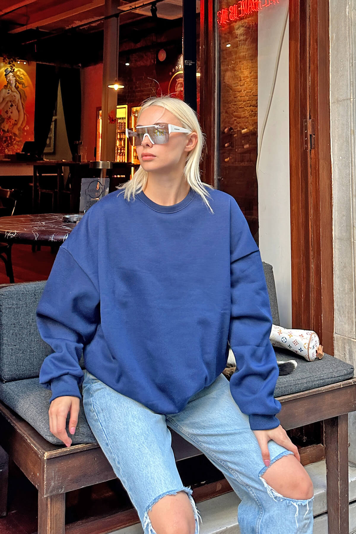 Lacivert Oversize Basic Bisiklet Yaka İçi Polarlı Kadın Sweatshirt - 3