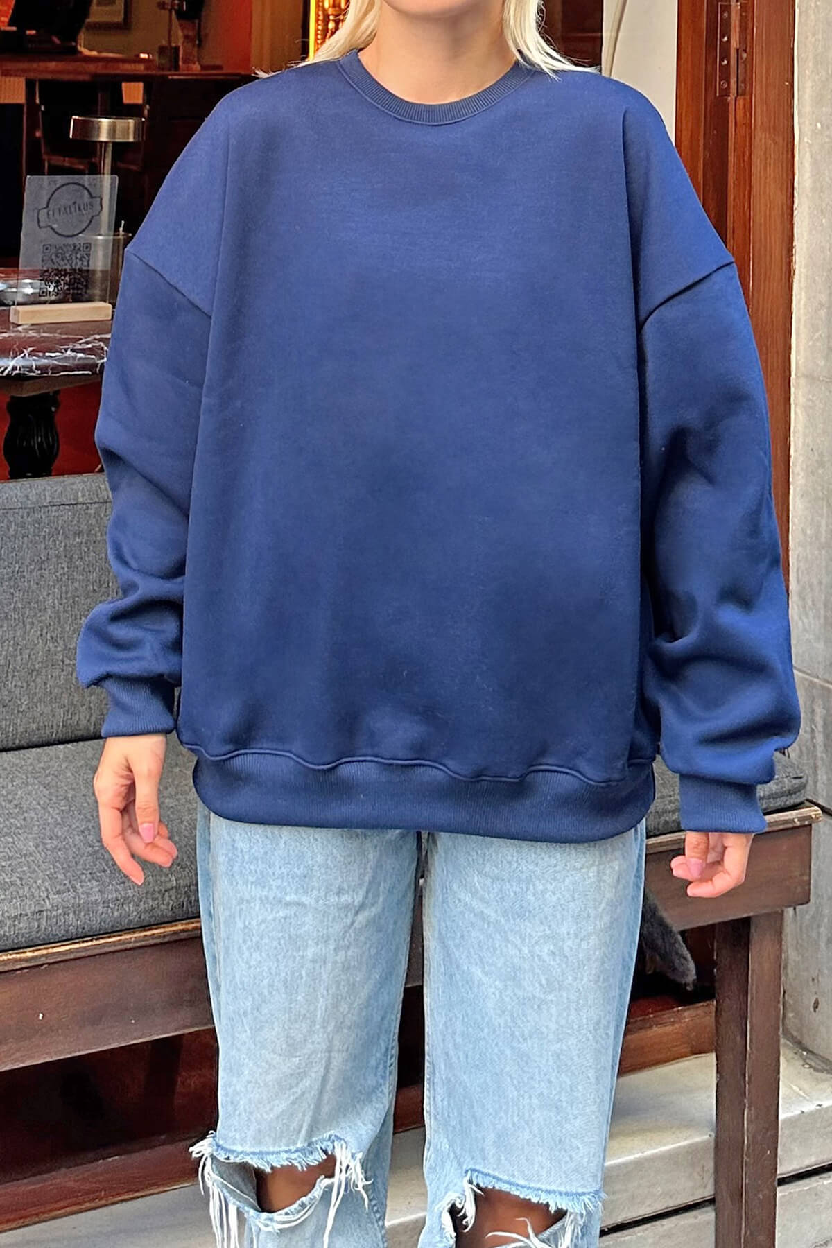 Lacivert Oversize Basic Bisiklet Yaka İçi Polarlı Kadın Sweatshirt - 4