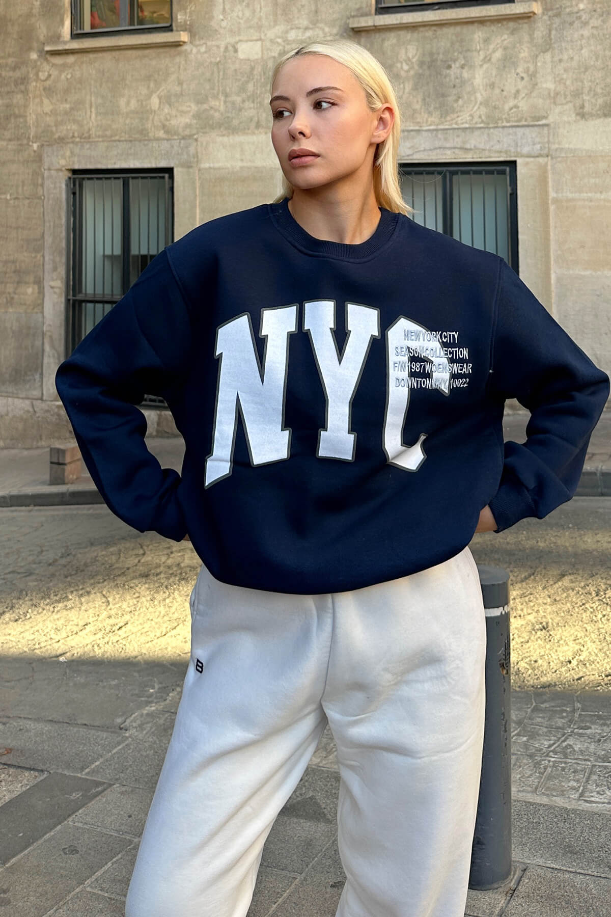 Lacivert Season Nyc Baskılı İçi Pamuklu Kadın Sweatshirt - 1