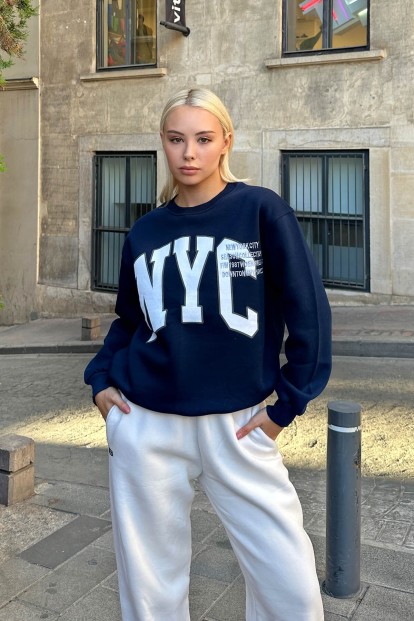 Lacivert Season Nyc Baskılı İçi Pamuklu Kadın Sweatshirt - 3