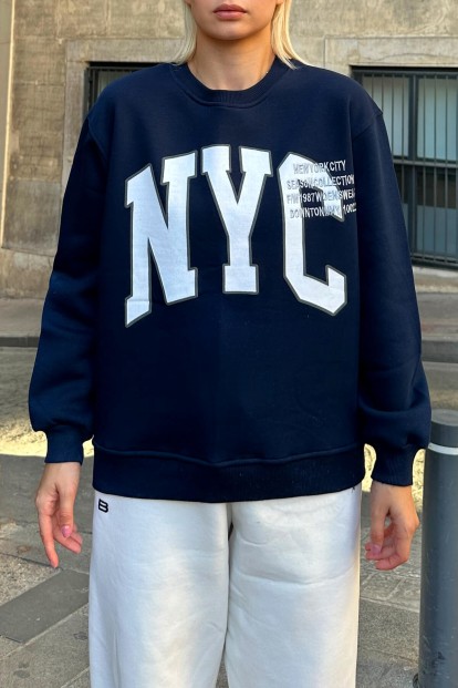 Lacivert Season Nyc Baskılı İçi Pamuklu Kadın Sweatshirt - 4