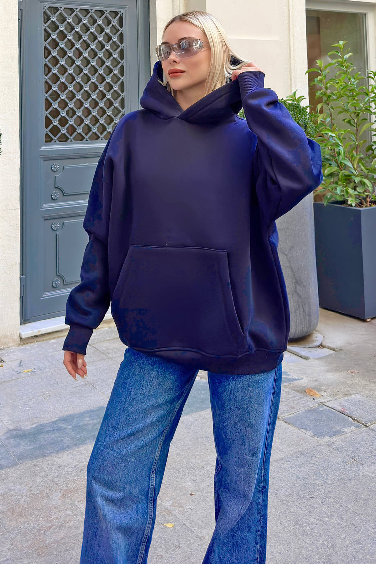 Lacivert Stay Kapüşonlu Kanguru Cepli İçi Polarlı Oversize Kadın Sweatshirt - 1