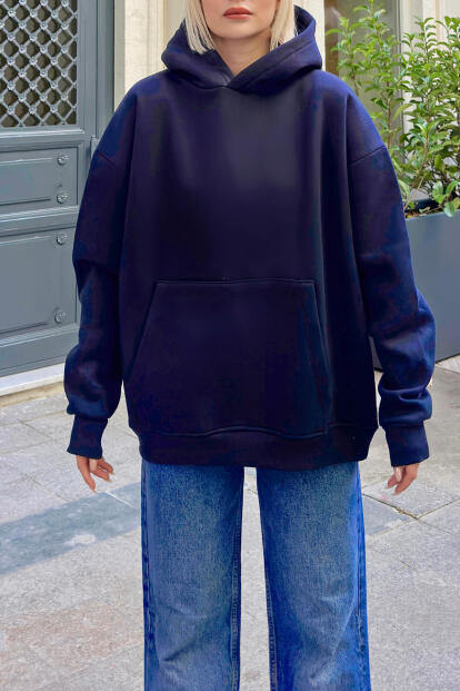 Lacivert Stay Kapüşonlu Kanguru Cepli İçi Polarlı Oversize Kadın Sweatshirt - 4