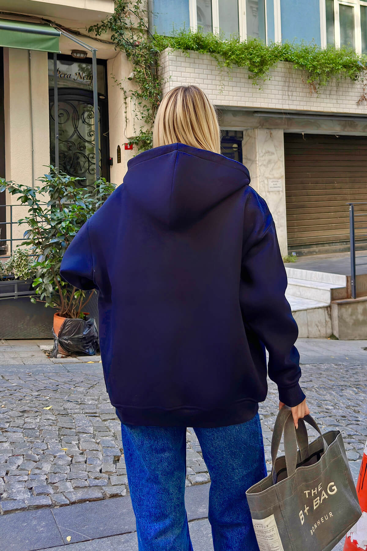 Lacivert Stay Kapüşonlu Kanguru Cepli İçi Polarlı Oversize Kadın Sweatshirt - 5