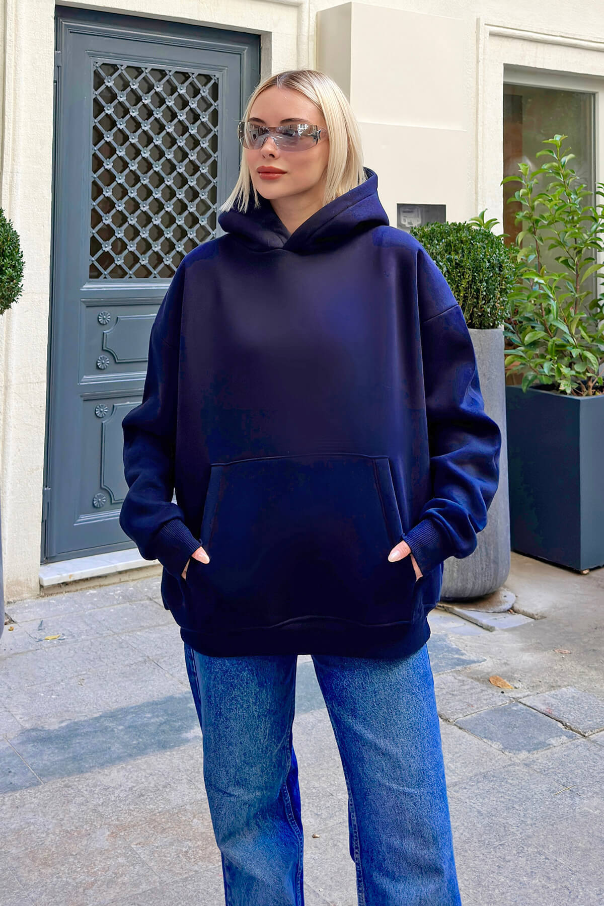 Lacivert Stay Kapüşonlu Kanguru Cepli İçi Polarlı Oversize Kadın Sweatshirt - 2