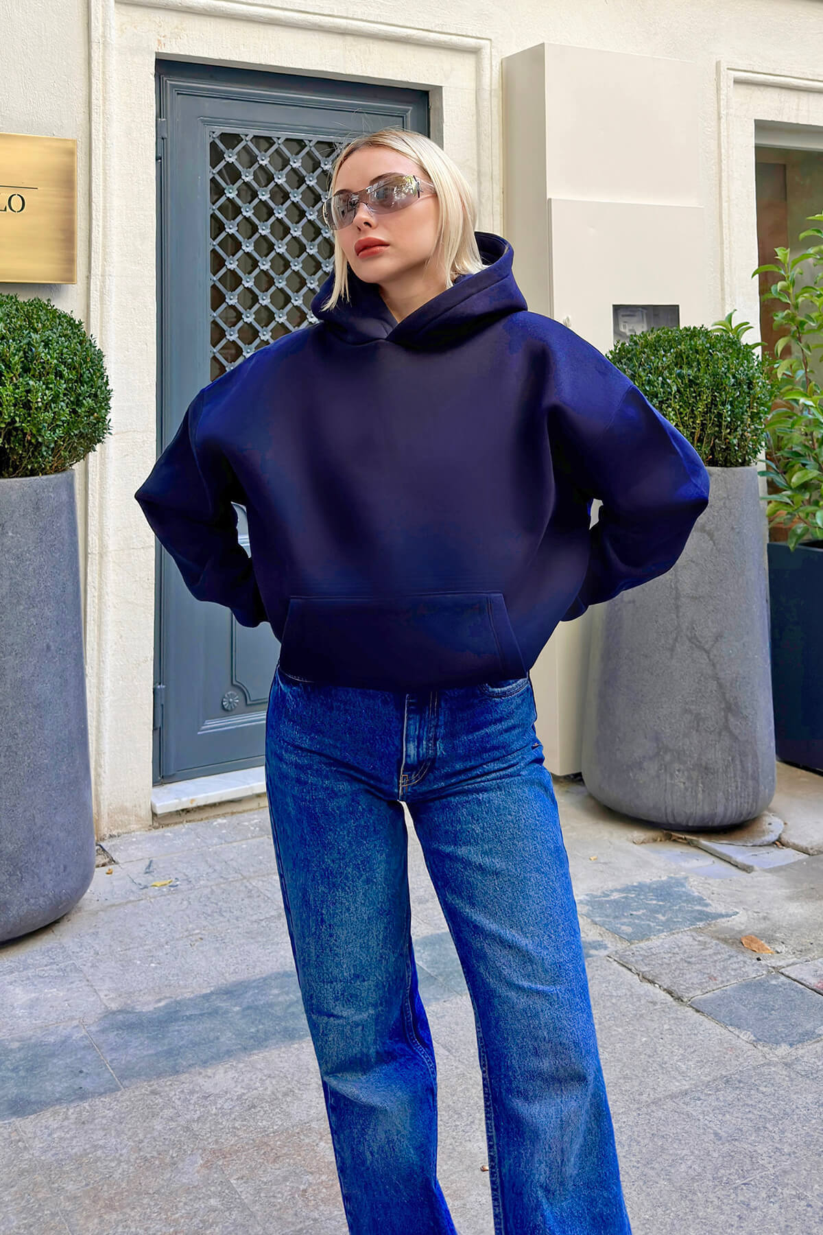 Lacivert Stay Kapüşonlu Kanguru Cepli İçi Polarlı Oversize Kadın Sweatshirt - 3