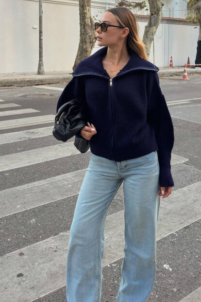 Lacivert Yulia Fermuarlı Yaka Kadın Triko Crop Hırka 
