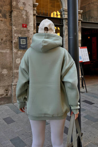 Mint Yeşili Lena Fermuarlı Kapüşonlu Cepli İçi Polarlı Oversize Kadın Sweatshirt - 5