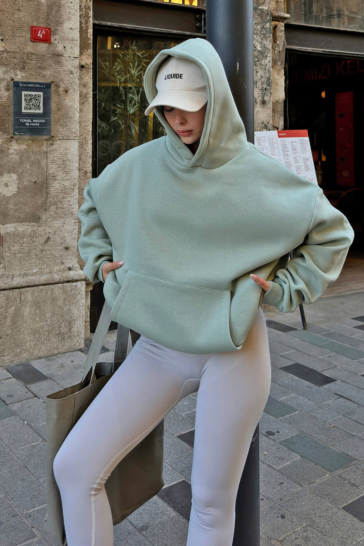 Mint Yeşili Stay Kapüşonlu Kanguru Cepli İçi Polarlı Oversize Kadın Sweatshirt - 2