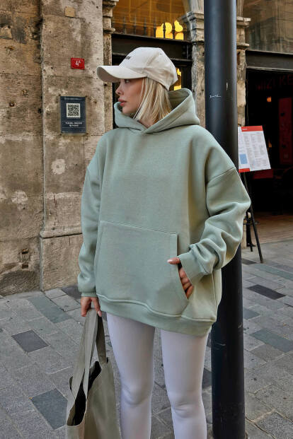 Mint Yeşili Stay Kapüşonlu Kanguru Cepli İçi Polarlı Oversize Kadın Sweatshirt - 3