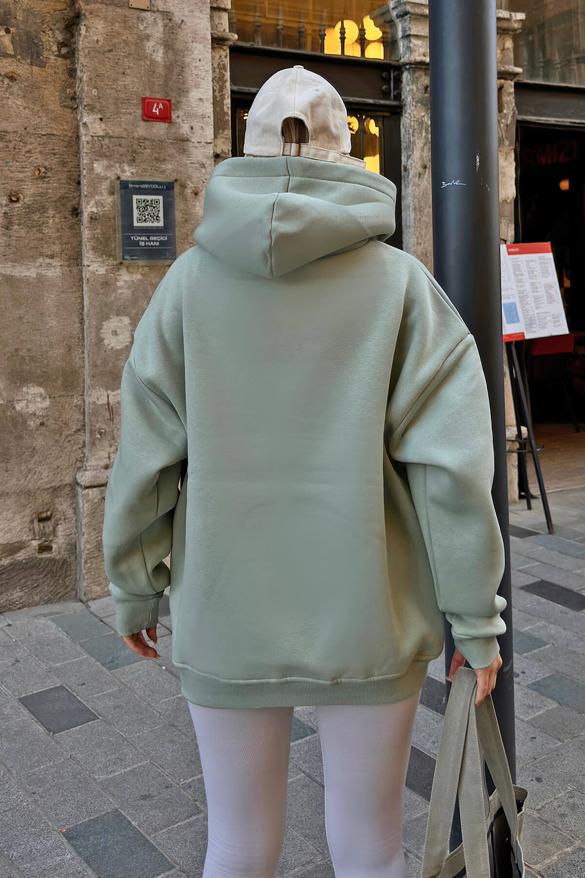 Mint Yeşili Stay Kapüşonlu Kanguru Cepli İçi Polarlı Oversize Kadın Sweatshirt - 5