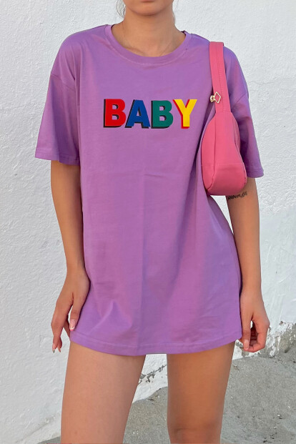 Mor Baby Baskılı Bisiklet Yaka Tshirt - 2