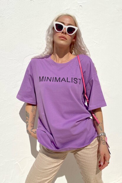 Mor Minimalist Baskılı Bisiklet Yaka Tshirt - 3