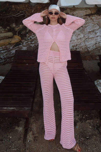 Pembe Ajurlu Hırka-Pantolon Kadın Triko Alt Üst Plaj Takım 