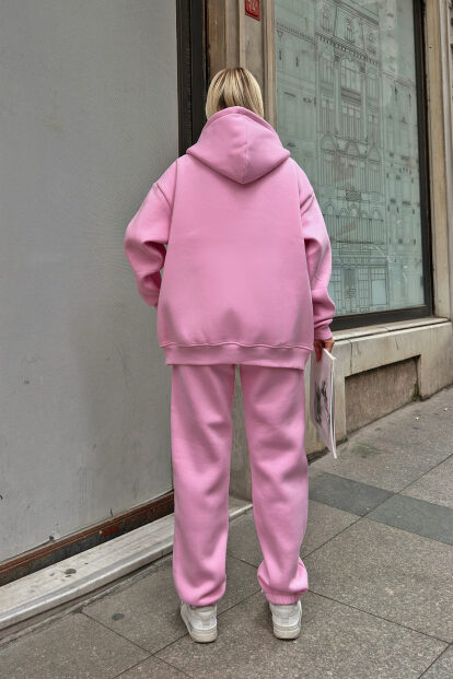 Pembe Gily Fermuarlı Kapüşonlu Sweatshirt-Eşofman İçi Şardonlu Kadın Eşofman Takımı - 5