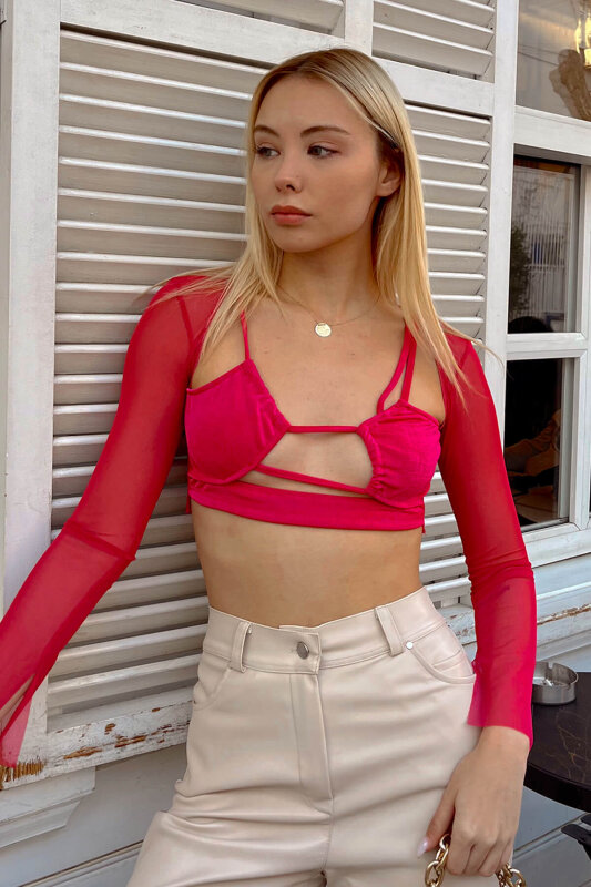 Pembe Kolları Tül Asimetrik Bağlamalı Kadın Crop Top - SWİST