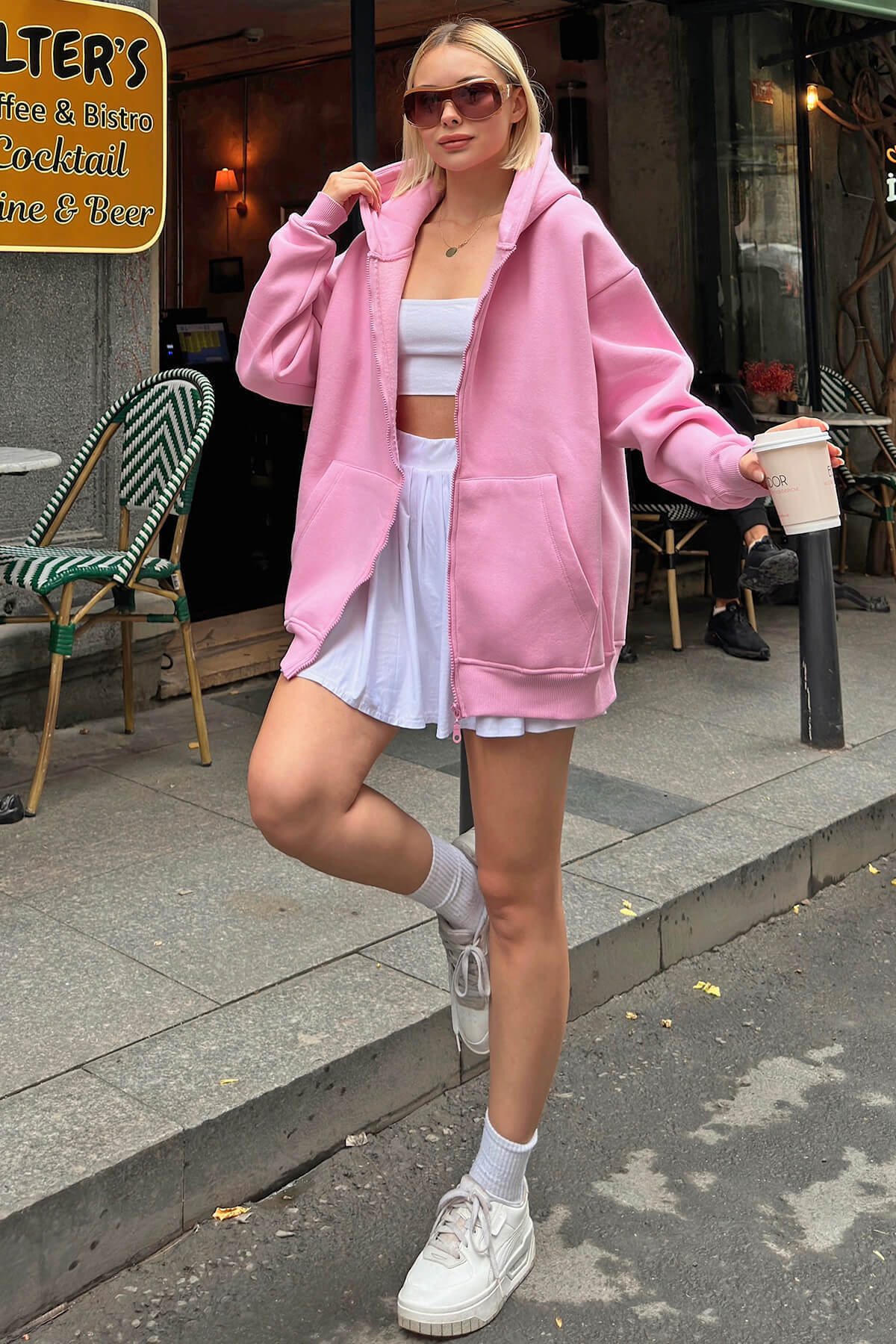 Pembe Lena Fermuarlı Kapüşonlu Cepli İçi Polarlı Oversize Kadın Sweatshirt - 1