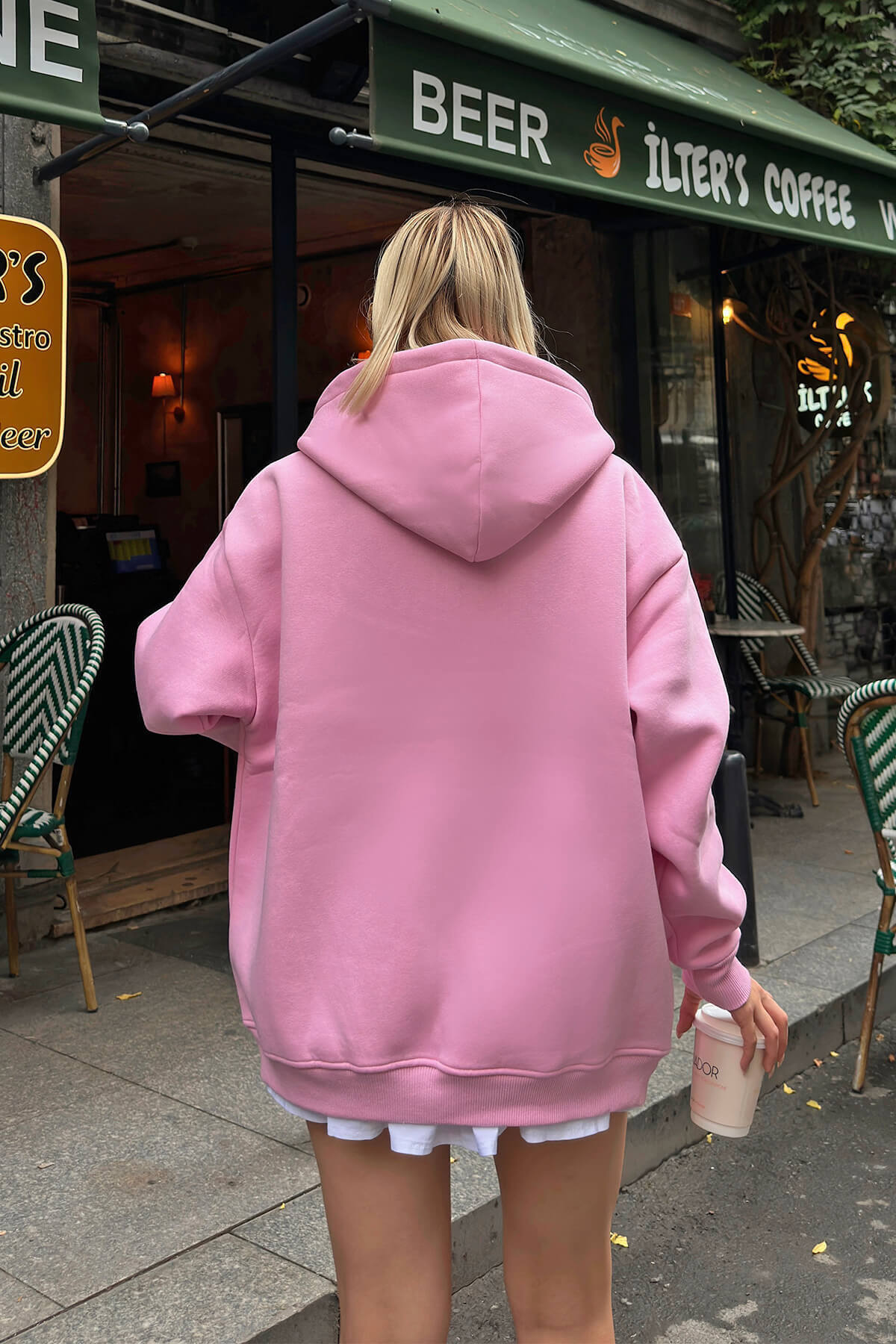 Pembe Lena Fermuarlı Kapüşonlu Cepli İçi Polarlı Oversize Kadın Sweatshirt - 5