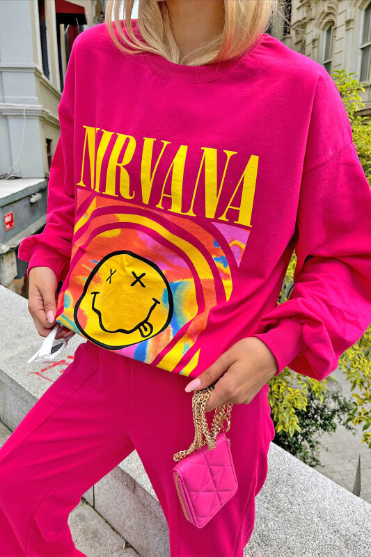 Pembe Nirvana Baskılı Bisiklet Yaka Kadın Sweatshirt - SWİST (2)