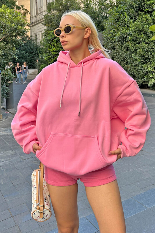 Pembe Oversize Kapüşonlu Kanguru Cepli İçi Polarlı Kadın Sweatshirt - SWİST