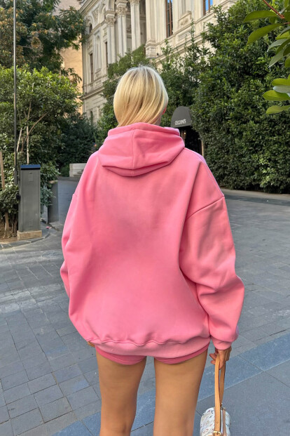 Pembe Oversize Kapüşonlu Kanguru Cepli İçi Polarlı Kadın Sweatshirt - 5