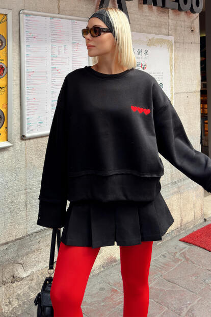 Siyah 3 Kalp Baskılı Piş Dikiş Kadın Crop Sweatshirt - 1