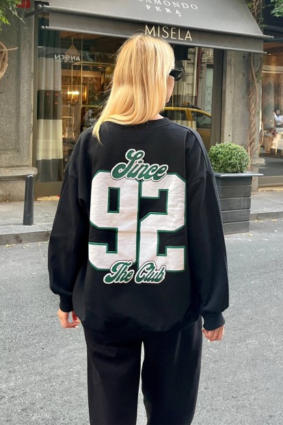 Siyah 92 Ön Arka Baskılı İçi Pamuklu Kadın Sweatshirt - 5